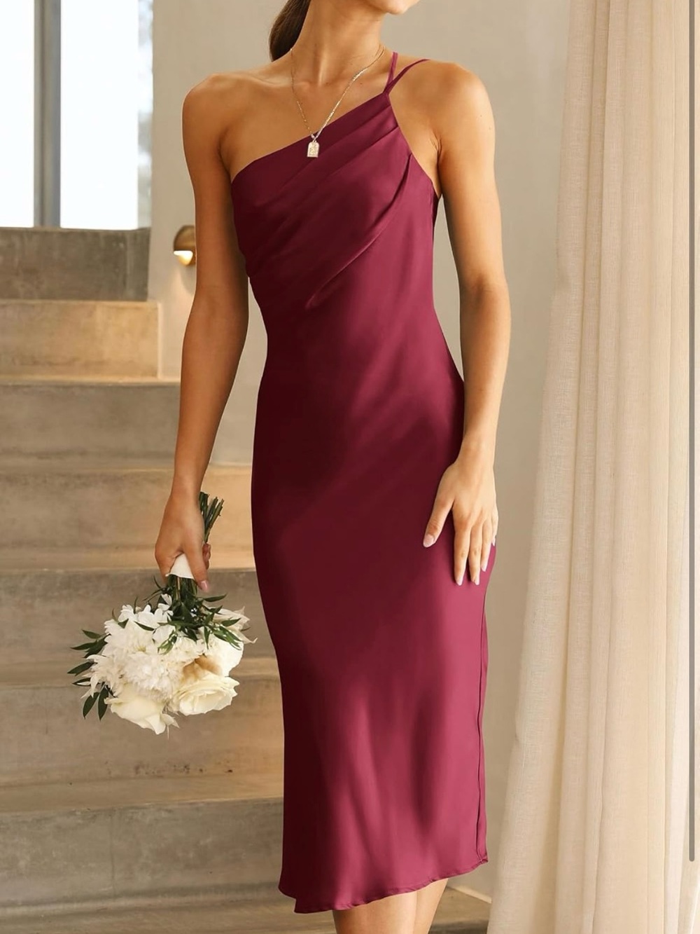 One-Shoulder Burgundy Asymmetrical Slip Dress
